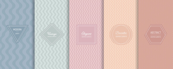Vector collection of wavy geometric seamless patterns in trendy pastel colors. Abstract minimal striped textures with elegant modern minimalist labels. Stylish geo wave backgrounds collection design