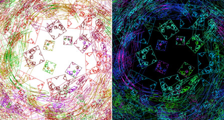 A set of colorful fractal backgrounds with randomly spaced squares and arched curves. Imitation of a sketch with a colored pens. 3d rendering. 3d illustration.