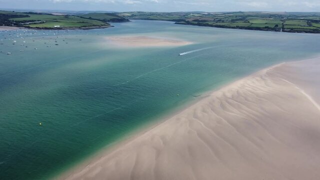 Speed Boat On River Camel Low Tide Sandbanks, Padstow, Cornwall Aerial Landscape