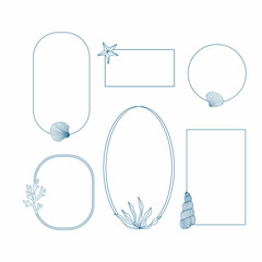 Set of vector sea vintage frames. Borders with shell, starfish, coral, seaweed. Line illustration.