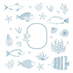 Doodle style vector sea illustration. Frame with fish, coral, starfish, shell. Vector vintage illustration.
