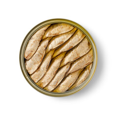  Canned smoked European sprat in oil for lunch close up isolated on white background