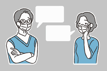 マスクで問題を話し合うシニア男性とシニア女性