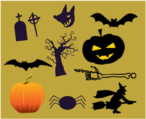 Obraz premium Objects Design Halloween Day 31 October Event Bat Tomb and Spider illustration Pumpkin Vector