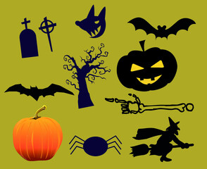 Objects Design Halloween Day 31 October Event Bat Tomb and Spider illustration Pumpkin Vector