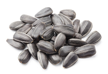 Delicious black sunflower seeds, isolated on white background