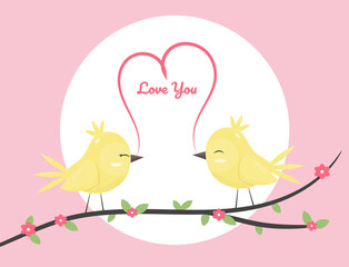 Cute love bird couple card. Birds with love and heart on branch. I love you card. Cartoon style