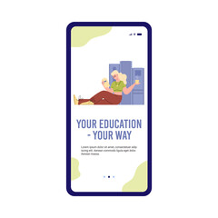 Onboarding screen with educational concept with female character reading book