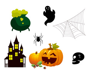 Abstract Objects Happy Halloween 31 October with Pumpkin Orange Housse Ghost and Spider Vector