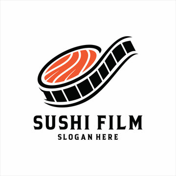 Sushi filmstrip cinema logo vector japanese food restaurant design for film industry. sushi film Studio Movie Video Cinema Cinematography Film Production logo design vector