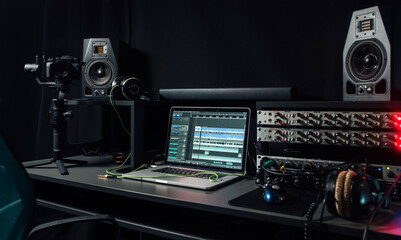 Professional audio equipment in a recording studio. Sound engineer workplace.