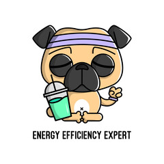 FUNNY PUG DOG IS MEDITATED AND DRINK A BOTTLE OF JUICE. HIGH QUALITY CARTOON MASCOT.