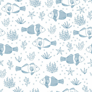 Seamless pattern with fishes, coral, bubbles, algae. Vector doodle illustration.
