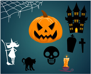 Abstract Happy Halloween 31 October Objects Background with Pumpkin Orange Housse and Spider Tomb Vector