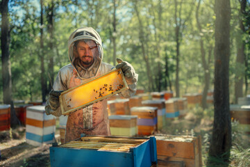 The beekeeper took out a frame with a honeycomb from the hive. Harvest of beekeeping products in...