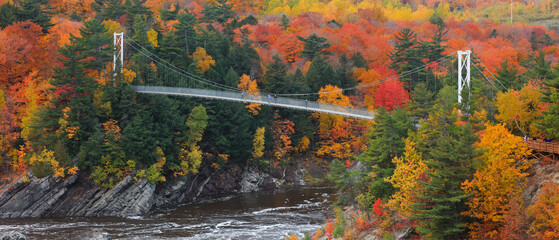 Chaudière River Suspension Bridge at Chaudière Falls Park surrounded with fall foliage.