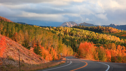 Bright fall foliage along San Juan skyway scenic byway in Colorado