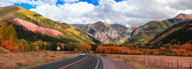 Scenic landscape in Colorado, road to Telluride, surrounded with San Juan mountains during autumn time