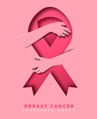 Breast cancer month pink paper cut woman hand hug - obrazy, fototapety, plakaty