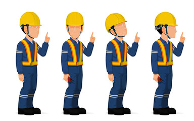 set of worker is pointing to something on white background