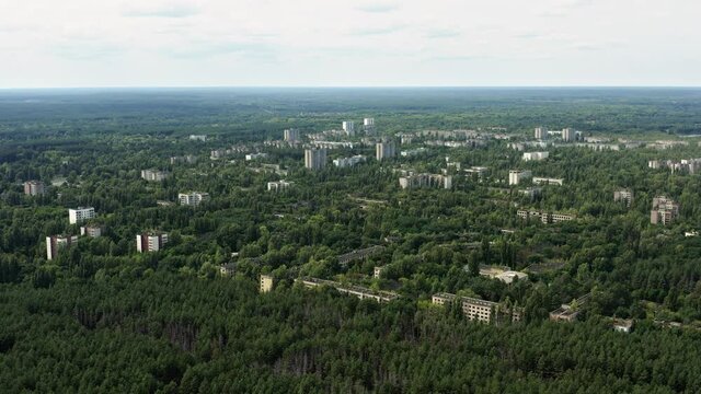 Aerial top view of the abandoned city of pripyat near Chernobyl, Ukraine. Chernobyl disaster exclusion zone