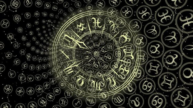 Animated Round Frame with Zodiac Sign. Black and Golden Horoscope Symbol on Spiral Starry Night Background. Panoramic Sky Map of Hemisphere. Loop Seamless Stock Footage. 3D Graphic