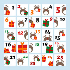 Christmas Advent calendar with hand drawn elements. Kids numbers. Winter event. Holiday vector illustration.
