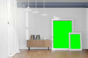 3d rendering illustration of frame poster frame mockup in modern interior background, living room or placing flyer or advertising design