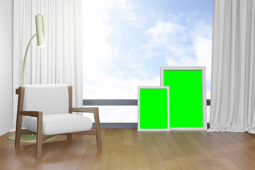 Naklejka na ściany i meble 3d rendering illustration of frame poster frame mockup in modern interior background, living room or placing flyer or advertising design