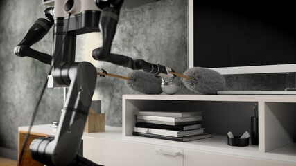 Robot apartment cleaner. Robot house helper removes dust from the pedestals. 3d illustration