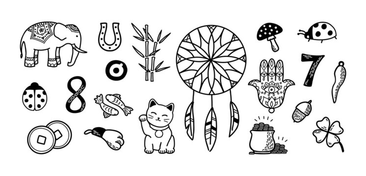 Good Luck and Fortune Big Symbols Set. European and Asian talismans and charms doodle vector illustration