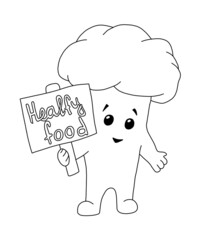 The outline of broccoli holding a poster with the inscription Healthy Food. Hand drawn illustration.