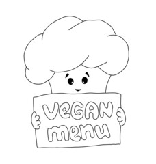 The outline of broccoli holding a poster with the inscription vegan menu. Hand drawn illustration.