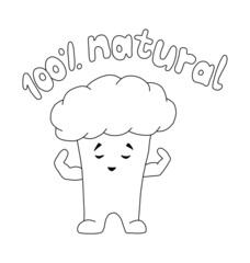 The outline of lucky broccoli showing biceps under one hundred percent natural. Hand drawn illustration.