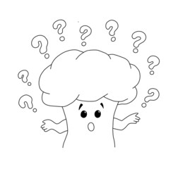 The outline of  surprised broccoli surrounded by question marks. Hand drawn illustration.