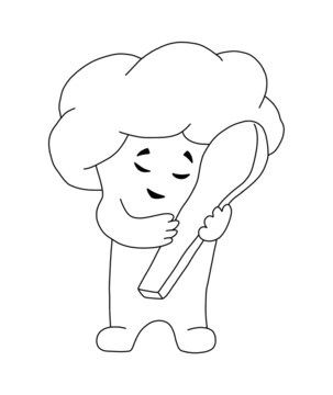 The outline of happy broccoli hugging tablespoon on white background. Hand drawn illustration.