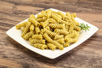 Italian pasta Fusilli with pesto