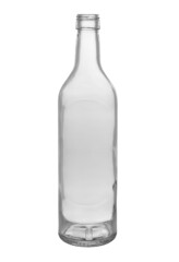 Empty open glass bottle for wine and other alcoholic beverages. Isolated on a white background, front view