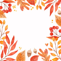 Fototapeta na wymiar Watercolor illustration in warm colors. Frame of fall leaves, acorns, berries. Forest design elements. Hello Autumn! Perfect for seasonal advertisement, invitations, cards