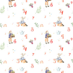 Obraz na płótnie Canvas Watercolor floral seamless pattern with numbers, florals and bunnies. Botanical background with polka dots, greenery, characters. My little garden. Perfect for fabric, package, wrapping paper, textile