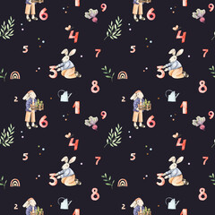 Watercolor floral seamless pattern with numbers, florals and bunnies. Botanical background with polka dots, greenery, characters. My little garden. Perfect for fabric, package, wrapping paper, textile