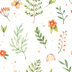Watercolor floral seamless pattern with field flowers, leaves, butterfly, fern. Botanical background with polka dots and greenery. Perfect for fabric, packages, wrapping paper, textile, cards