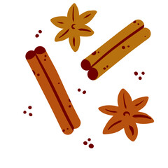 Set of spices. Cinnamon stick and brown anise flower. Doodle sketch cartoon illustration