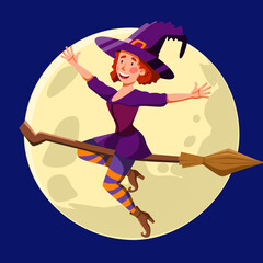 A pretty witch with red curly hair, flying at night on a broomstick. Funny girl on the background of the moon. Vector illustration for Halloween in a cartoon style.