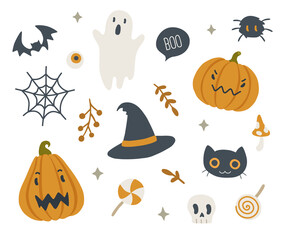 Cute halloween doodle decoration set. Vector collection for design, decor, stickers, icons.