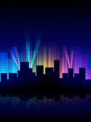 Night city. Urban multicolored cityscape with night spotlights