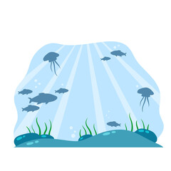 Fototapeta na wymiar Underwater world. Blue water and bottom with sea animals. Fish and jellyfish. Ocean landscape and background. Flat illustration