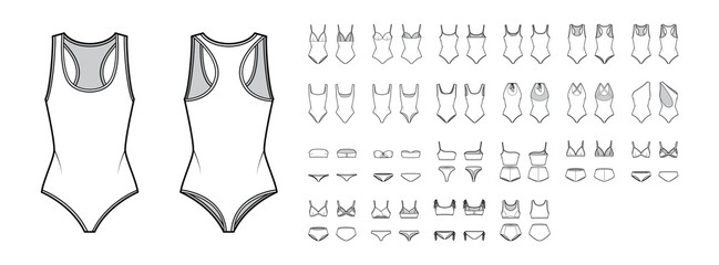 Set of swimsuit lingerie technical fashion illustration with one piece or separate bras and panties. Flat brassiere template front, back, white color style. Women, men, unisex underwear CAD mockup