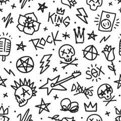 Rock n Roll doodle style seamless pattern with punk and tattoo elements. Endless fashion background isolated from black. Rock n Roll music pattern for Tee print design, print fabric texture