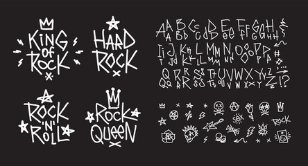 Set of Rock n roll doodle style symbols collection with hand written type font. Punk tattoo elements collection. Rock music signs for print stump tee and poster design - obrazy, fototapety, plakaty